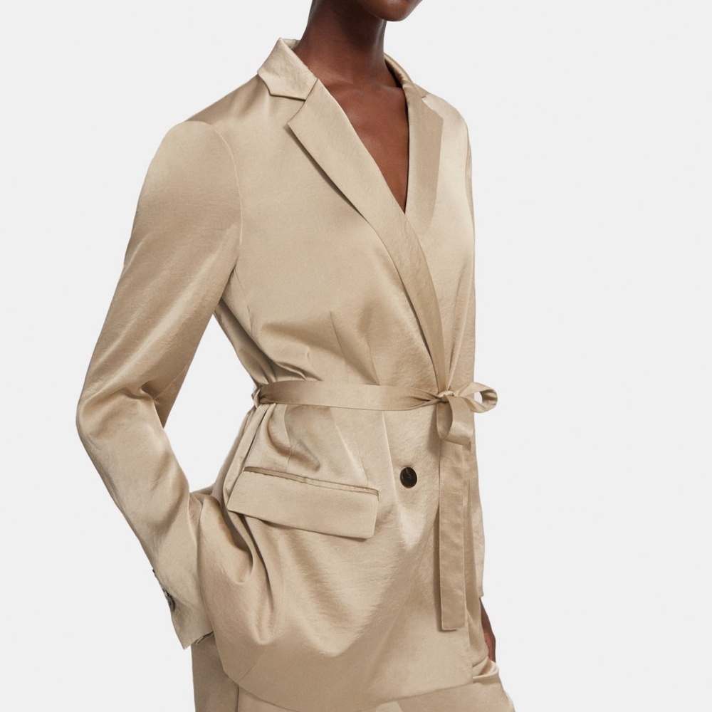 Theory Belted Double-Breasted Blazer in Crushed Satin in Mesa Petite NWT